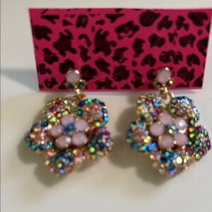 Pink and Gold Floral Earrings with Sparkling Gemstones